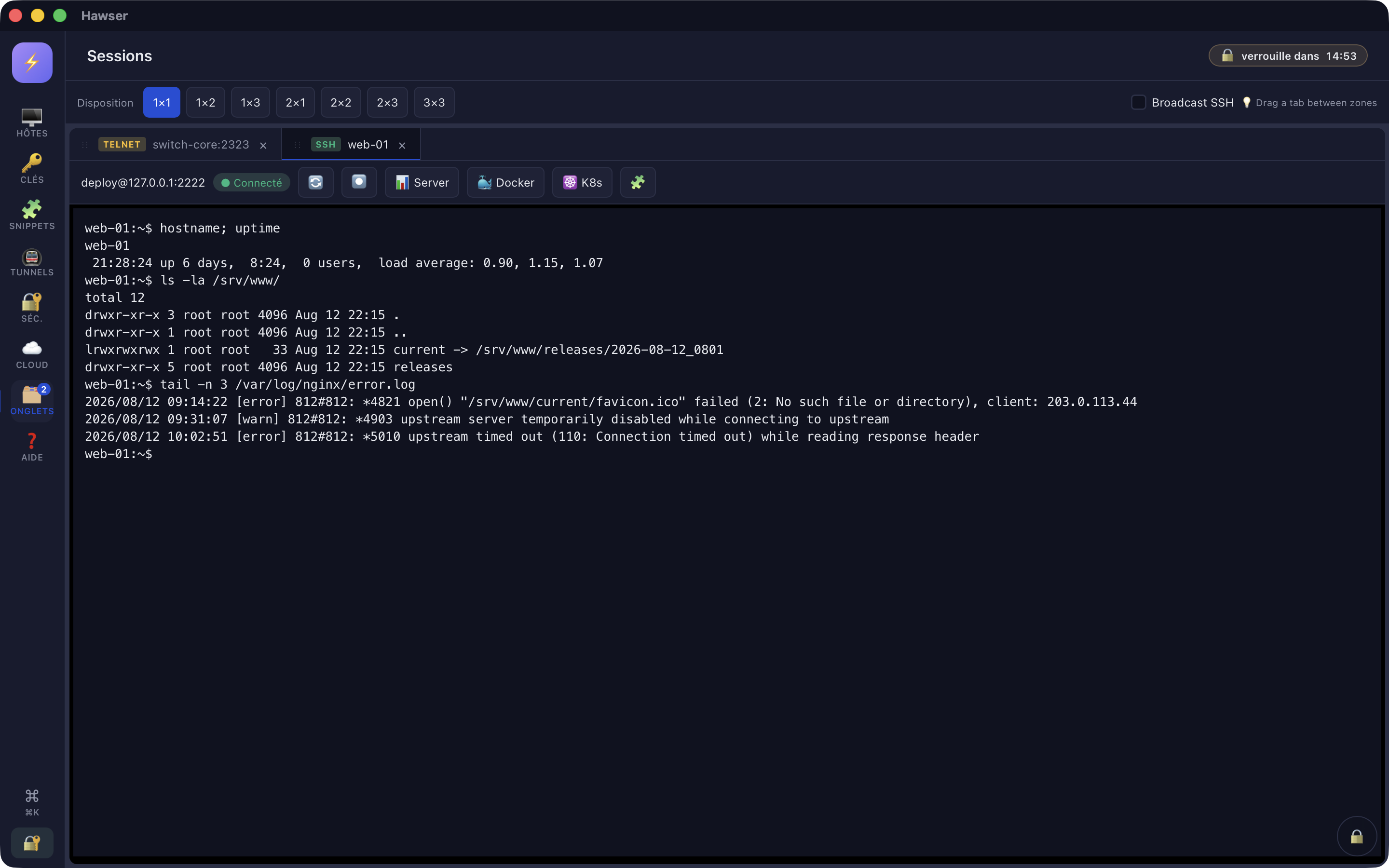 Session SSH dans Hawser, avec sortie de commandes et barre d'outils des tableaux de bord