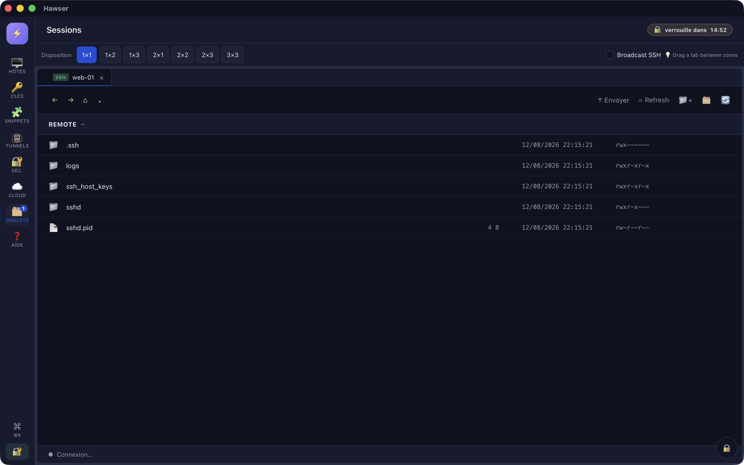 Navigateur de fichiers SFTP de Hawser listant un répertoire distant